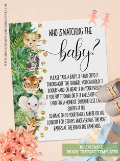 Who is watching the Baby Game, Baby Shower Game, Safari Baby Shower Game, Tropical Jungle Animals Baby Shower, Ready to Print No Editable Game Template HOW TO PLAY:  Place the sign near the venue entrance, as guests come in them to take a Baby. Guests need to hold the baby, if someone leaves the baby unattended another guest can take the baby. The guest with the most baby at the end wins!  HOW TO ORDER  * Purchase listing * Download files directly from Etsy * Print as many as you need!!  WHAT'S INCLUDED  * JPG size 5"x7" Sign * JPG size 8"x10" Sign * PDF size 8.5" x 11" with a 8'x10" Sign Design with trim marks BUNDLE WITH ALL EDITABLE GAMES:  https://www.etsy.com/listing/1495492367 SEE ALL INDIVIDUAL GAMES AVAILABLE: https://www.etsy.com/shop/Designpartyandmore?ref=seller-platform-mcnav&s Wild Animal Baby Shower Theme, Safari Baby Shower Necklace Game, Jungle Safari Baby Shower, Lion King Baby Shower, Animal Baby Shower Theme, Lion King Baby, Tropical Baby Shower, Etsy Prints, Safari Baby