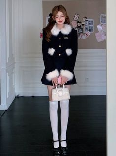 ❤︎Voluminous fur short coat + flared skirt❤︎ Tweed Suit Women, Navy Blue Coat, Winter Shorts, Navy Blue Skirt, Press The Button, College Bags, Tweed Suits, Heart Bag, Blue Coats