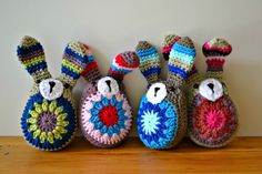 three crocheted stuffed animals sitting next to each other with the words easy crochet written above them