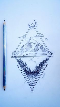 a pencil drawing with mountains and trees in the background, on top of a sheet of paper