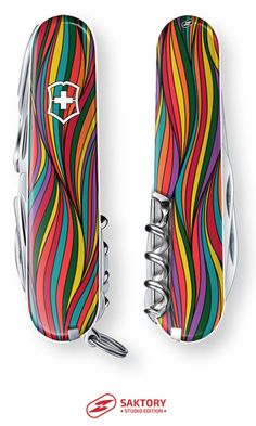 two multicolored swiss army knifes with the same design on each blade and one has a medical symbol