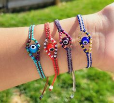 Such a cute Evil Eye bracelets, Good Vibes bracelets, Protection Beaded and woven bracelets, Friendship besties bracelets, Adjustable waterproof bracelets, Macrame Bracelets, Unique Gift, Tropical Summer Beachy Bracelets. Excellent as a unique gift for friends, sister, wife, mother, daughter, teacher or any lady in your life! DETAILS: ▪️ Materials: Brazilian waterproof thread, multicolor evil eye glass beads. ▪️Size: 6 Inches when fully closed end 11 Inches when fully open, It's made adjustable so it will fit you just perfectly! ▪️ Handmade Items. ▪️Your jewelry arrives packaged ready to gift  If you're looking for some specific sizes please feel free to send me a message. Before purchasing please check out carefully all pictures. What you see what you will have. If you have any question p Bohemian Handmade Adjustable Evil Eye Bracelet, Handmade Bohemian Adjustable Evil Eye Bracelet, Handmade Adjustable Evil Eye Bracelet For Friendship, Bohemian Evil Eye Bracelet For Friendship, Bohemian Handmade Evil Eye Bracelet For Festivals, Handmade Adjustable Evil Eye Bracelet For Festivals, Bohemian Multicolor Evil Eye Bracelet For Festivals, Bohemian Braided Bracelet With Evil Eye For Friendship, Multicolor Bohemian Evil Eye Bracelet For Festivals