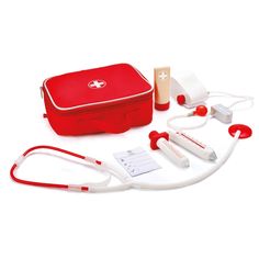 a red and white medical kit with stethoscopes