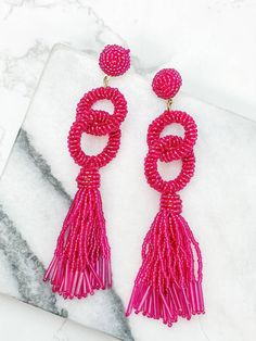 Pink Link Tassel Earrings Cheap Pink Tassel Earrings, Affordable Pink Tassel Earrings, Hot Pink Tassle Earrings, Cheap Pink Trendy Tassel Earrings, Cheap Trendy Pink Tassel Earrings, Seed Bead Tassel Earrings, Bead Tassel Earrings, Luxurious Earrings, Yellow Lime