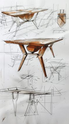 three tables and benches are shown in this sketching workbench design drawing project