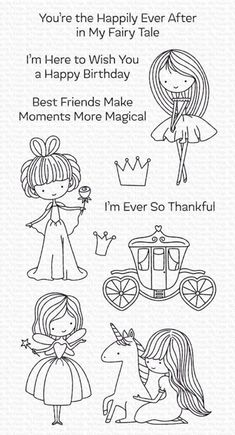 the stamps are designed to look like children's birthday cards, which include princesses and