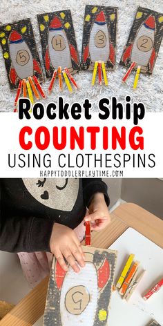 this is an easy rocket ship counting activity for kids to practice using clothespins