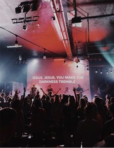 a large group of people at a concert with their hands up in the air and one person on stage