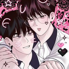 two anime characters are hugging in front of pink and black background with hearts on it