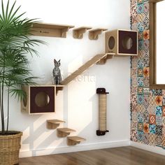 a cat sitting on top of a wooden staircase