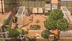 an artist's rendering of a patio with chairs, plants and a bike in the foreground