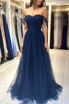 Elegant Long Navy Blue Off-the-shoulder A-line Sleeveless Prom Dresses – misshow.com Tulle Prom Dress Long, Navy Blue Prom Dress, Prom Dress Tulle, Pleated Party Dress, Prom Dress Inspo, A Line Prom Dress, Prom 2024, Prom Inspo