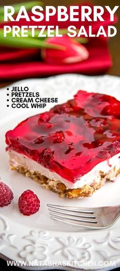 raspberry pretzel salad on a plate with a fork