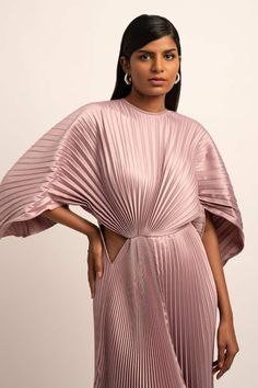 Dusky rose dress with textured pleated detailing. - Aza Fashions Steam Iron, Rose Dress, Types Of Dresses, Dress Suits, Pink Satin, Batwing Sleeve, Dress For Women, Pleated Dress, Aza Fashion