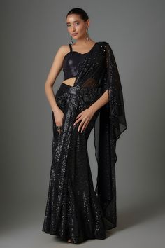 Black pre-stitched saree with sequin embellishments. Comes with padded embellished blouse. - Aza Fashions Drape Lehenga, Bhumika Sharma, Skirt Saree, Stitched Saree, Drape Saree, Draped Blouse, Brown Blouse, Draped Skirt, Embellished Blouse