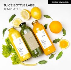 juice bottle label templates with lemon, orange and mint on white background surrounded by green leaves