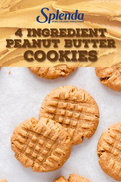 four ingredient peanut butter cookies on a sheet of parchment paper with the words, 4 ingredient peanut butter cookies