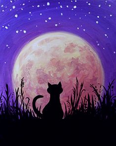 a painting of a cat sitting in the grass at night with the moon behind it