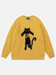 Crew Neck Sweater With Cat Design For Fall, Fall Crew Neck Sweater With Cat Design, Winter Sweater With Cat Design, Winter Cat Print Crew Neck Sweater, Casual Winter Sweater With Cat Print, Casual Cat Print Sweater For Winter, Winter Yellow Jacquard Knit Sweater, Yellow Jacquard Knit Sweater For Winter, Big Wardrobe