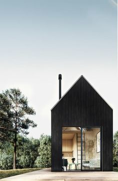 an artist's rendering of a small house in the middle of a forest with stairs leading up to it