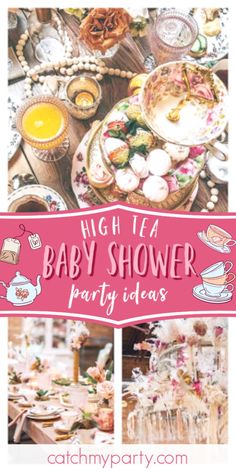 high tea baby shower party ideas with pink and white banner overlaying the image