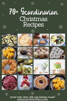 the cover of 70 scandinavian christmas recipes, with pictures of different foods and desserts