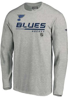 Show off your team pride in this St Louis Blues Grey Cotton Prime Long Sleeve T Shirt! This STL Blues Long Sleeve Tee features a screen print team wordmark at center chest. Make sure everyone knows you root for the Blues with this Grey STL Blues T Shirt. Long Live the Note! Athletic Heather Crew Neck Top With Team Logo, Crew Neck Tops With Lettering For Fan Gear, Crew Neck Tops With Lettering For Fans, Cotton Crew Neck T-shirt With Lettering, Sporty Blue T-shirt With Lettering, Athletic Heather Crew Neck Top With Team Name, Sports Fan Apparel Tops With Lettering, Cotton Crew Top For Sports Events, Sports Fan Cotton T-shirt With Lettering