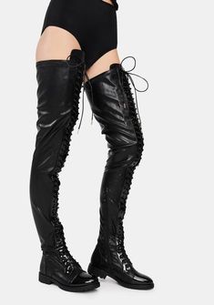 AZALEA WANG Surgical Belted Thigh High Boots | Dolls Kill Flat Black Boots, Dance Boots, Punk Shoes, Black Thigh High, Low Heel Boots, Thigh Boot, Leather Boots Women, Converse High, Thigh High Boots