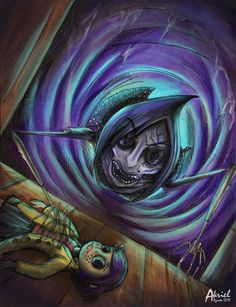 a drawing of a woman with her head in the middle of a spiral vortex, and a skeleton holding a knife