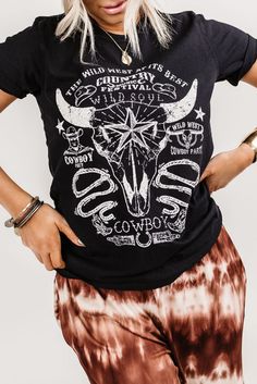 Black Wild Soul Western Bull Skull Graphic Tee Valentines Graphic, Valentines Graphic Tee, Skull Graphic, Bull Skull, Bull Skulls, Cool Graphic Tees, Jeans Material, Top Graphic Tees, Short Sleeve Cropped Top