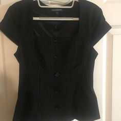 Black Button Up Blazer W Wide Belt Loops ( No Belt Included ) Short Sleeve Square Neck Line Slight Flare At Waist. Nwot Coats Black, Wide Belt, Black Blazer, Black Button, Colored Blazer, Square Neck, Blazer Suit, Suit Jacket, Button Up