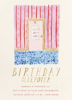 a birthday card with an image of a pink door