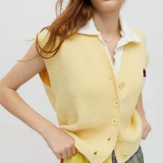 Brand New Yellow Vest Button Up Sweater Vest Outfit, Button Up Sweater Vest, Urban Outfitters Flannel, Crochet Sweater Vest, Yellow Vest, Knit Sweater Vest, Button Up Sweater, Boxy Sweater, Orange Sweaters