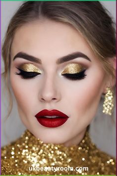 Glitter Makeup Christmas, Christmas Picture Makeup Ideas, Gold Eyeshadow And Red Lips, Classic Holiday Makeup, Red Party Makeup, Make Up Ideas For Party, Christmas Day Makeup Look, Gold Makeup Red Lips, Christmas Eye Makeup Easy