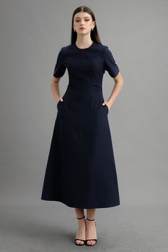 Karen A-line Round Neck Polycotton Midi Dress | MEAN BLVD Mean Blvd, Polycotton Fabric, Elegant Dress, Designer Collection, Timeless Style, Online Fashion, Latest Fashion Trends, Sleeve Styles, Timeless Fashion