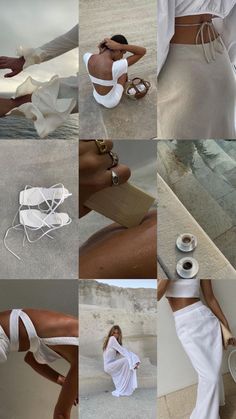 a collage of photos showing different types of clothing and accessories, including white dresses