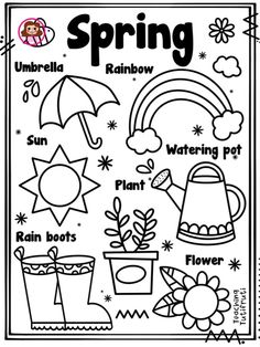 a coloring page with the words spring in black and white