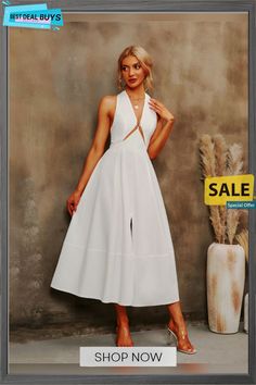 Solid Color Backless Sleeveless Wrap Long Dress Summer V-neck Midi Dress With Cutout, Spring Halter Neck Maxi Dress With Cutout, Spring Cutout Halter Neck Maxi Dress, White Halter Neck Dress With Cutout, Sleeveless Cutout Sundress Maxi Dress, Sleeveless Halter Dress For Summer Brunch, Summer Midi Dress With Cutout Knee-length, Chic Sleeveless Cutout Maxi Dress, Sleeveless Cutout Halter Dress For Spring