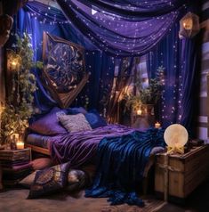 a bedroom decorated in purple and blue with lots of lights on the ceiling, bed