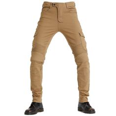 Motorcycle Racing Denim LB1 Pants With Hip Knee Protective Pads - Khaki is a perfect slim-fit cargo pants. The stretchable polyester and cotton fabrics used in the pants mix into the perfect blend of utility and comfort. CE Certified Knee Hip Protective Pads ⇨ The knee and hip pads are detachable and easy to mount. Insert them into their special pockets for added protection on the road. Reinforced Stitching ⇨ The pants feature reinforced stitching in critical areas to strengthen the connected pa Khaki Fitted Cargo Pants, Fitted Urban Cargo Jeans With Cargo Pockets, Fitted Urban Cargo Jeans, Fitted Cotton Cargo Jeans With Hip Pockets, Fitted Khaki Pants With Multiple Pockets, Stretch Cotton Pants With Multiple Pockets, Khaki Stretch Cargo Pants, Fitted Khaki Cargo Pants With Tapered Leg, Fitted Cargo Style Utility Jeans