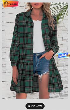 Plaid Shirt Long Sleeve Single Dress Green Casual Shirt Dress For Fall, Casual Long Sleeve Shirt Dress For Fall, Casual Green Shirt Dress For Fall, Casual Green Long Sleeve Shirt Dress, Casual Collared Winter Dress, Casual Fall Shirt Dress With Pockets, Oversized Long Sleeve Green Shirt Dress, Oversized Green Long Sleeve Shirt Dress, Casual Fall Button-up Shirt Dress