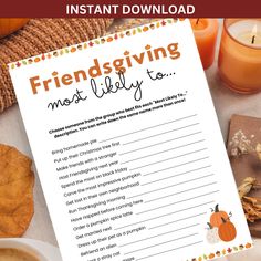 a printable thanksgiving list with candles and pumpkins on the table next to it