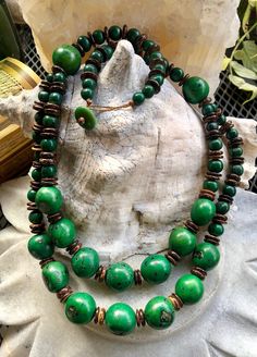 Green Coconut Beaded Vintage Boho Festoon Necklace Shortest strand measures aprox 22 inches around Longest strand measures aprox 24inches around Wooden Beads Round Necklace For Beach, Green Wooden Beads Jewelry, Green Wooden Bead Round Jewelry, Green Jewelry With Wooden Beads, Green Wooden Beaded Round Jewelry, Beach Jewelry With Large Round Beads, Round Beach Jewelry With Large Beads, Unique Green Necklace For The Beach, Green Spiritual Necklace With Wooden Beads