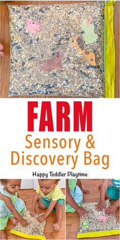 a collage of photos with the words farm, sensory and discovery bag on it