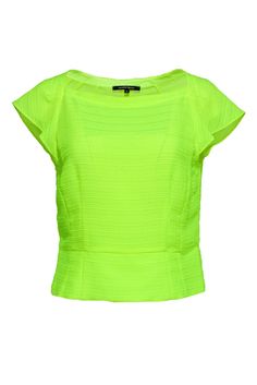 Current Boutique-Nanette Lepore - Neon Yellow Cap Sleeve Textured Top Sz 8 Fall Outfits For School, Textured Top, Closet Essentials, Pencil Skirts, Dark Jeans, Sheer Material, Neon Color, Nanette Lepore, Boat Neckline