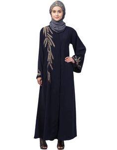 Muslim One side and sleeve Resham Embroidery front open Abaya Navy Blue Flared, Modest, Nida, Partywear, Navy Blue, Gold, Abayas, XS, S, M, L, XL, 2XL, 3XL, 4XL, 5XL, 6XL, 7XL:Arabic Attire Long Abaya With Dabka Work, Long Embroidered Abaya For Eid, Long Sleeve Abaya With Zari Work, Blue Long Abaya With Dabka Work, Long Sleeve Dabka Kimono For Eid, Front Open Abaya, Resham Embroidery, Open Abaya, Net Lehenga