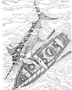 a drawing of a boat floating in the water with two people on it's back