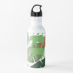 a white water bottle with green and red designs on it