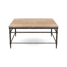 a wooden table with metal legs on an isolated white background for use as a coffee table