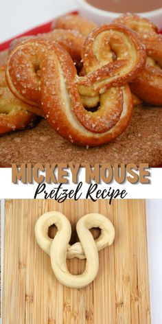 some pretzels are sitting on a cutting board and the words mickey mouse pretzel recipe next to them